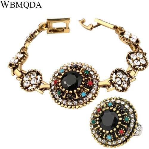 2 Pcs/lot Vintage Boho Jewelry Sets Black AAA Resin Crystal Silver Plated Bracelet Rings For Women Party Accessories Gift
