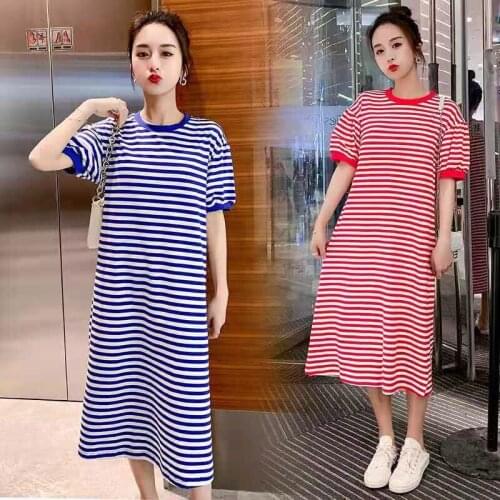 265# Maternity Dress Summer Short Sleeves O Neck Stripe Color Block Loose T Shirt Dress Pregnant Women Mom Dress