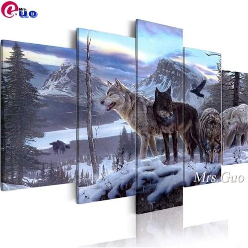 Animal Wolf Pictures 5 Pieces 5D Diy Diamond Painting Cross Stitch full Square/Round Diamond Embroidery Blue Winter Landscape