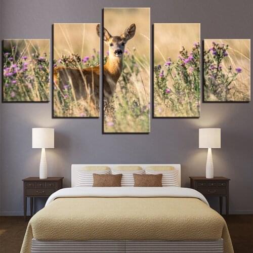 5 Pieces Roe Deer In the Grass Canvas Wall Art Painting Animal Posters Fawn Pictures For Room Kitchen Bedroom Decor Artwork