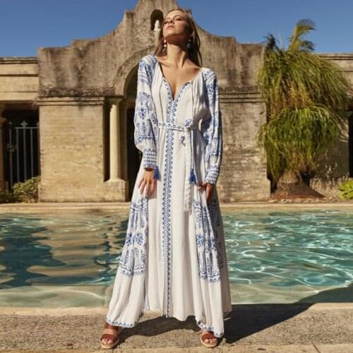Enthic Embroidery White Dress Women Autumn Lantern Sleeve Loose Casual Long Dresses Female Boho Beach Hippie Chic Maxi Dress