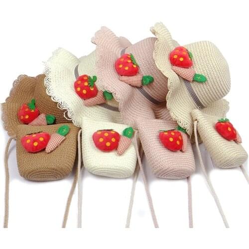 2020 Hot Summer Child straw hat and handbag bags Outdoor Kids holiday beach sun hat Girls baby cute Panama cap gorros