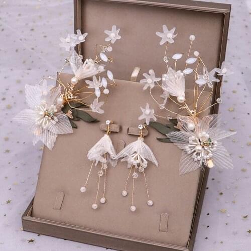 FORSEVEN High Fashion Yarn Crystal Simulated Pearl Headpieces Hairpins Clips Flower Eardrop for Girl Bride Noiva Wedding