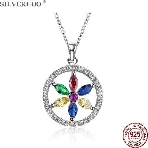 SILVERHOO Circle Colorful Flower Cubic Zirconia Pendant Necklace For Women 925 Sterling Silver Jewelry Korean Party Necklaces