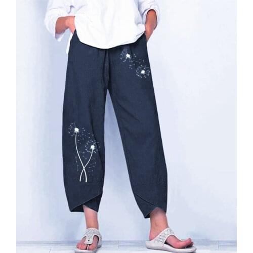 Casual Cotton And Linne Oversized Pant 2021 New Summer Loose Printed Wide Leg Pants Large Size Cropped Trousers Ropa Mujer Femme