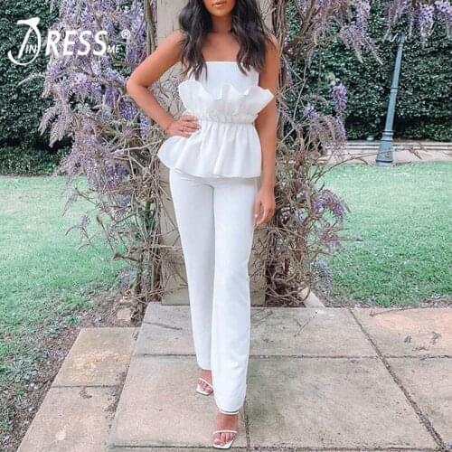 INDRESSME New Fashion Women Sexy Strapless Ruffles Mesh Bandage Jumpsuit Full Pants Party Bodycon Club Jumpsuit INS 2020