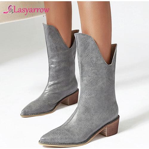 Lasyarrow 2020 Women Boots Fashion Ankle Boots Pu Leather High Heel Western Cowboy Snake pattern Boots Pointed Toe Winter Shoes