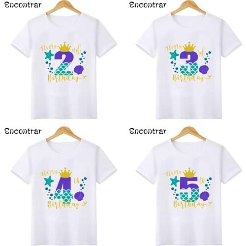 Cute Mermaid Number 1-9 Print Birthday Girls T shirt Customize Name Kids T-shirts Party Baby Present Children Clothes,HKP2480