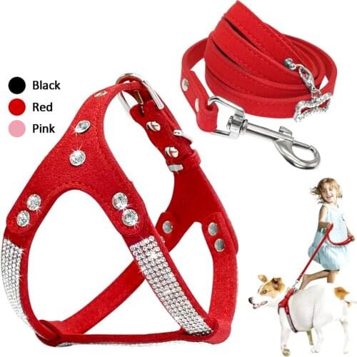 Soft Suede Leather Dog Harness Leash Set Adjustable Rhinestone Puppy Pet Harnesses Leashes Lead Set For Small Medium Dogs Cats