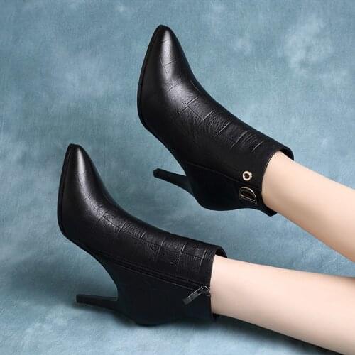 2020 New Solid Black Leather Women Boots Autumn Winter Boots Female Shoes Thin High Heel Short Boots Pointed Toe Zip Ankle Boots
