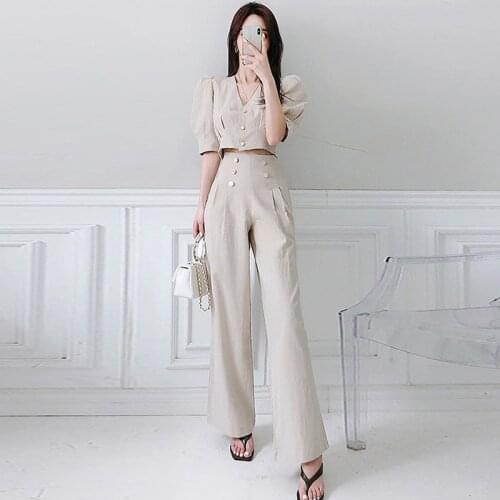 New arrival fashion korean style set for women summer casual vintage puff sleeve OL work style long pant and top two piece set