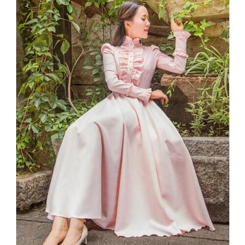 Wholesale 2020 fashion brand college style ruffles dress female retro elegant stand collar Puff sleeve was thin dress wj2449