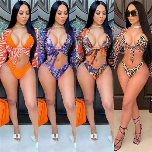 Leopard Zebra Print Summber Beach 3 Piece Set Women Sexy Swimming Suit Bra Top Briefs Long Sleeve Cardigan Swimwear 2021