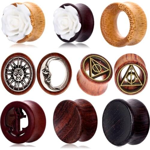 TIANCIFBYJS Natural Wood Acrylic Ear Gauges Plugs Stretcher Hollow Flower Earring Expander Flesh Tunnels Body Piercing Jewelry