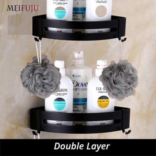 MEIFUJU MFJ3203 Corner Shelf Rack Bathroom Shelves Aluminum Storage Rack Space Aluminum Bathroom Shelf Black Shelves With Hooks