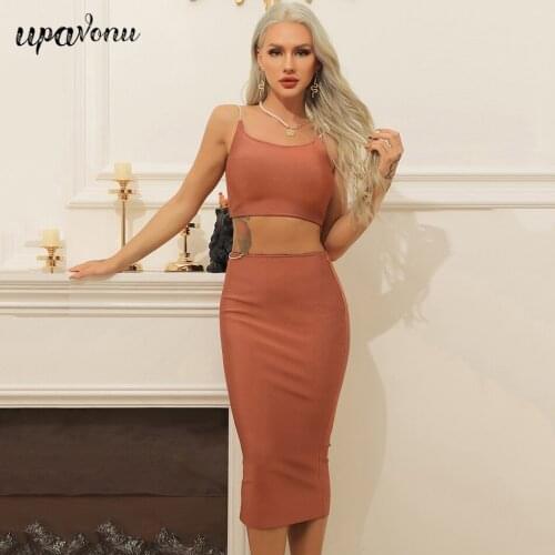 Free Shipping 2021 Summer Women Brown Bandage Dress Set Sexy Sleeveless Diamond Strap Short Top & Midi Skirt Party Two-piece Set