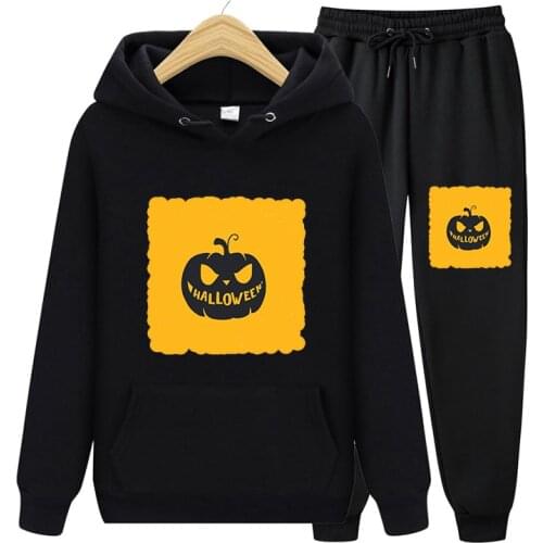 2021 Autumn Women Clothes Oversized Sets Halloween Kawaii Anime Print O Neck Black Pullover Hoodies Sweatshirt Suits Streetwear