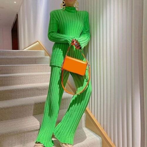 Womens Pants Suit Turtleneck Long Sleeve Solid Casual Knitting Sweater Sets Streetwear 2021 Autumn Winter Female Two Piece Set