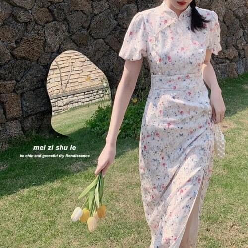 Elegant Print Floral Dress Women Sexy Vintage Sweet Dress Puff Sleeve Casual Party Split Qipao Dress Summer Cheongsam