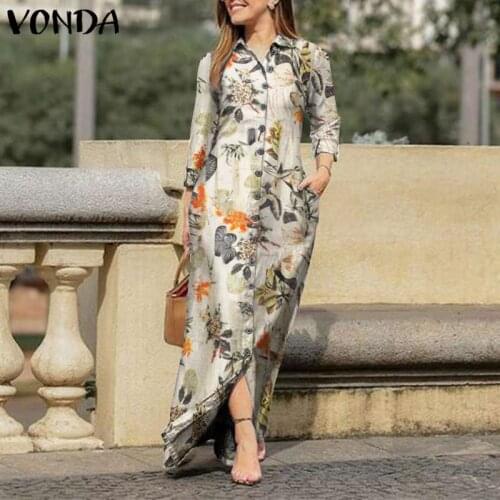 Women Prom Dress Vintage Lapel Collar Button Up Shirts Long Maxi Vestido 2021 VONDA Long Sleeve Floral Print Cotton Dresses 5XL