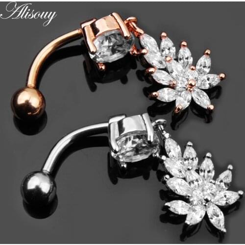 Alisouy 1pc crystal Belly Button Rings Steel Rose Gold Surgical Steel Navel Sex Body Piercing Jewelry leaf pendant omblingo