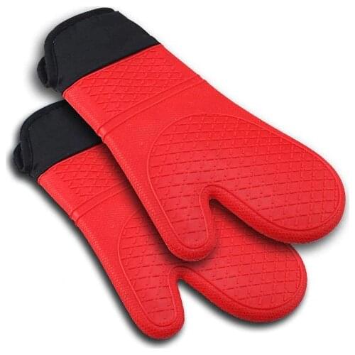 Bestselling 2pcs Red Silicone Kitchen Oven Mitt Glove Potholder with Extra Long Canvas Sleeve Stitching for Grilling and BBQ