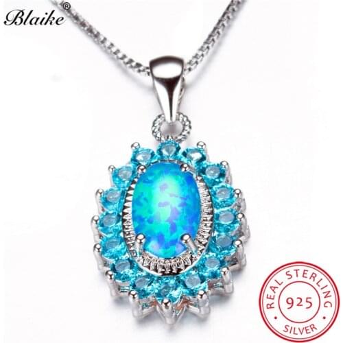Blaike Mystic Oval Stone Blue Fire Opal Pendants For Women 925 Sterling Silver Sapphire Aquamarine Birthstone Zircon Necklace