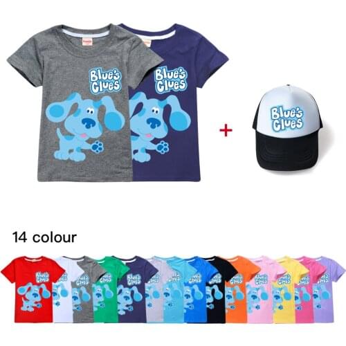 Blues Clues Summer Matching Short-sleeved T-shirt for Boys Boutique Kids Clothing Girls T Shirt + Hat Toddler Boys Shirt Tops