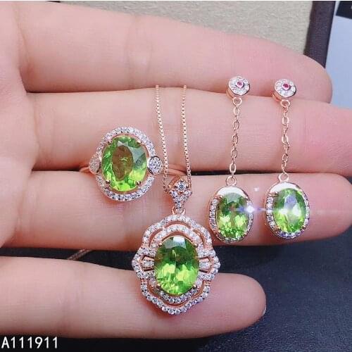 KJJEAXCMY fine jewelry 925 sterling silver inlaid Natural Peridot fashion Necklace Ring Earring Suit Support Detection luxurious