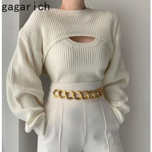 Gagarich Woman Chic Sweater Sets Korean Elegant Temperament Slim Vest Casual Short Sweater Blouse Solid Female Two Pieces Suit
