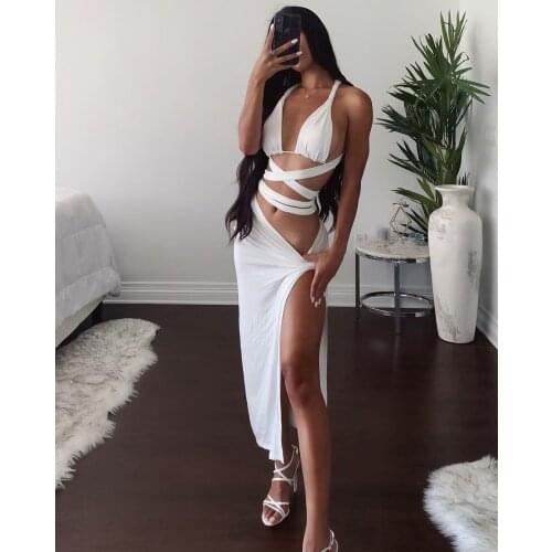Summer Bodycon Dress Sexy Women Party Dress 2021 New Arrivals High Slit White Midi Bodycon Dress Celebrity Evening Club Dress