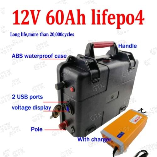 GTK 12.8V 12v 60ah lifepo4 lithium battery USB port for Outdoor scooter camping inverter Fishing boat light UPS EV + 5A charger