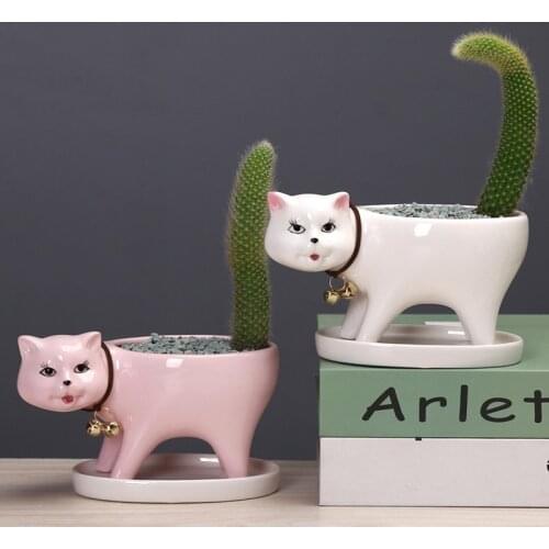 Cartoons Cat Flower Pot Animal Ceramic Plant Pot Cute Vase Cactus Succulent Plants Potted Flower Arrangement Home Office Decor