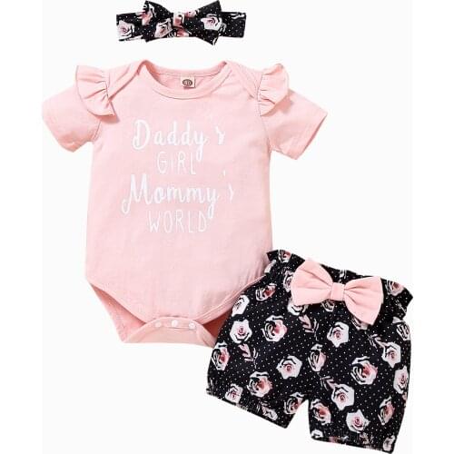 Baby Girls 3Pcs Summer Outfits Short Sleeve Letter Print Romper + Floral Shorts + Headband Sets