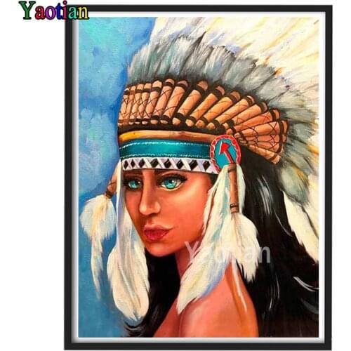 Full Square Diamond Mosaic Indian Woman Bead Embroidery 5D Diamond Painting Feather Cross Stitch Kits Rhinestones Pictures
