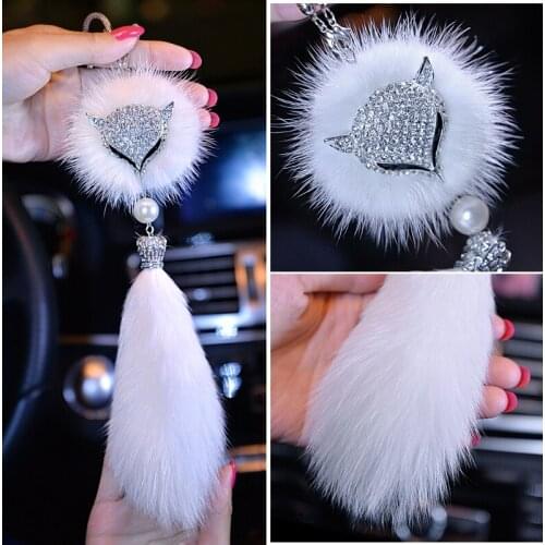 Christmas Gift Rhinestone Crystal Mink Fur Car Pendant Fox Fur Ornaments Rearview Mirror Hanging Dangle Charm Ornament Women