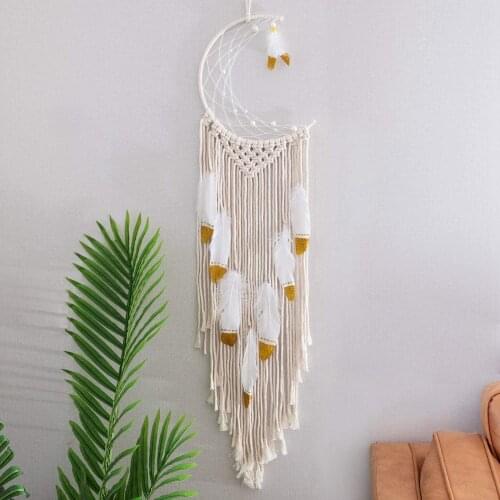 Hand-woven Moon Dream Catchers with Feather Nordic Style Wall Hanging Tapestry for Home Decoration