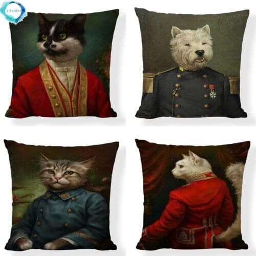 Dog Cat Military Uniform Earl Clothing Print Pillowcase Decorative Cotton Linen Pillow Cover Sofa Car Home Decor Cushion Cover