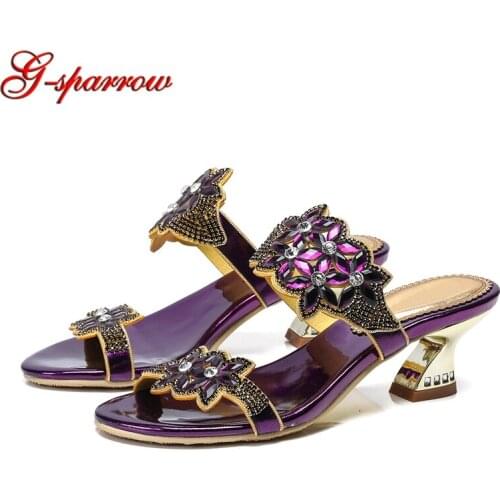 2019 Fashion Summer Sandals Purple Rhinestone Flower Block Heel Summer Dress Slipper Magazine Show High Heels Bridesmaid Shoes