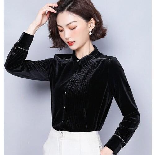 Spring Fall Fashion Womens Stand Collar Patchwork Black Velvet Blouse Top Shirt , Woman Clothes , Velour Blouses Tops for Women