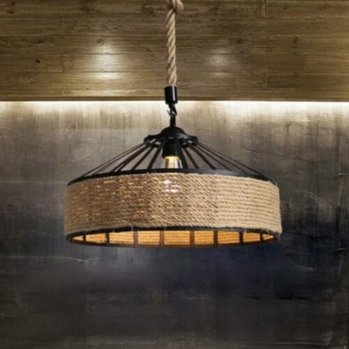 Retro Industrial Iron Vintage Loft Chandelier Hanging Lamp Vintage Rope Pendant Lamp Ceiling Lamp, Rustic Hemp Rope Iron