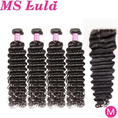 Ms Lula Hair 4 Bundles Deep Wave With 4x4 Lace Closure 100% Remy Human Hair Weave Brazilian Natural Colour Bundles With Closure