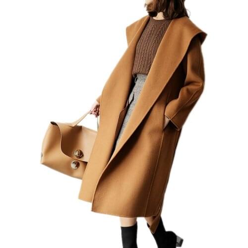 High Quality Double-faced Cashmere Woolen Coat Female Long 2021 Autumn Winter Wear New Korean Hepburn Wind Hooded Woolen Coat