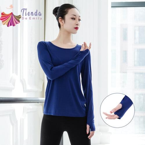 Womens Modal Modern Dance Clothes Round Neck Finger Sleeve Top Blouse Practice Yoga Shirt Solid Colors Plus Size 3XL