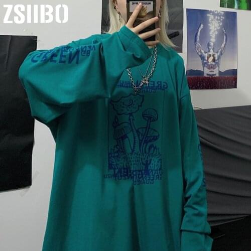 Harajuku women hoodie Cartoon letter print O-Neck sweatshirts 2019 autumn Casual loose Sleeve Streetwear Womens clothes