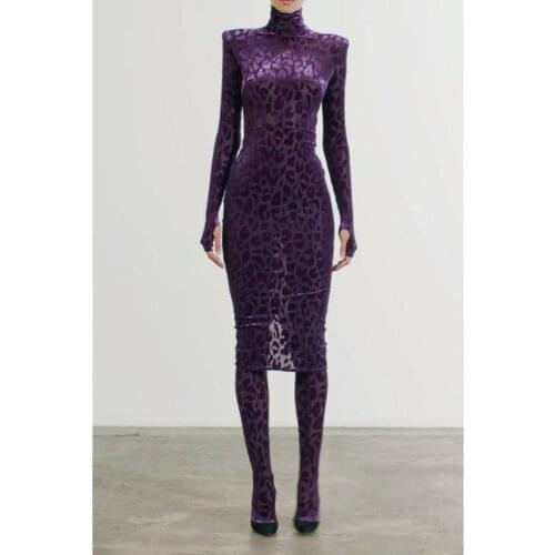 Purple Turtleneck Leopard Print Women Long Sleeve Party Dress Casual Bodycon Split Sexy Club Robe Femme Vintage Vestidos BD2144