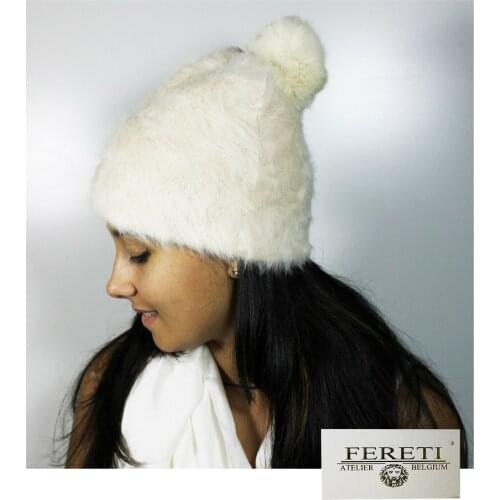 Knitted Hat Woman Dark Beige Wool Rabbit 50 Long Angora Pompom Fur Ball XL