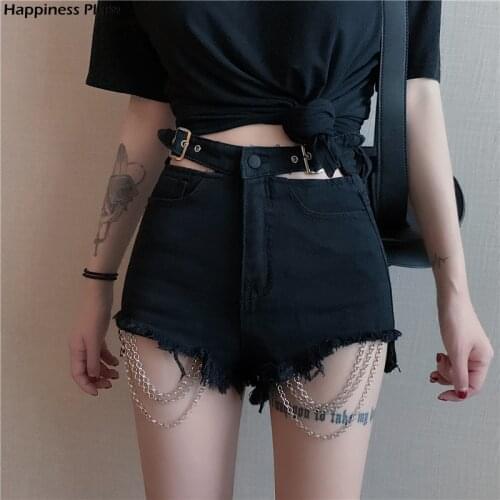 Vintage Gothic Black Hole Chain Denim Shorts Women Spring Summer 2021 New Harajuku Female Sexy Shorts Grunge Punk Hip Hop Jeans