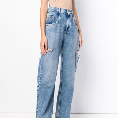 Women Autumn Slim Fashion Hole Straight Denim Pant Female High Street Brand Casual Loose Designed Jeans Ladies Trouser ML038