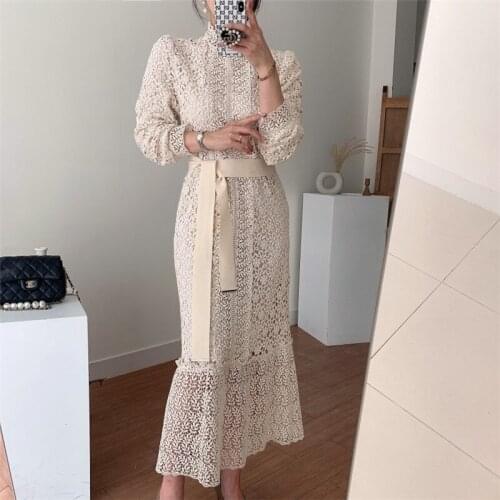RUGOD 2021 spring french lace-up hollow out elegant long dress termnperament solid all-match streetwear 2021 early spring robe
